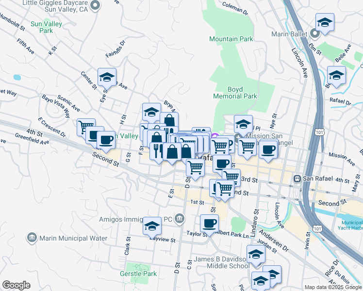 map of restaurants, bars, coffee shops, grocery stores, and more near 1009 E Street in San Rafael