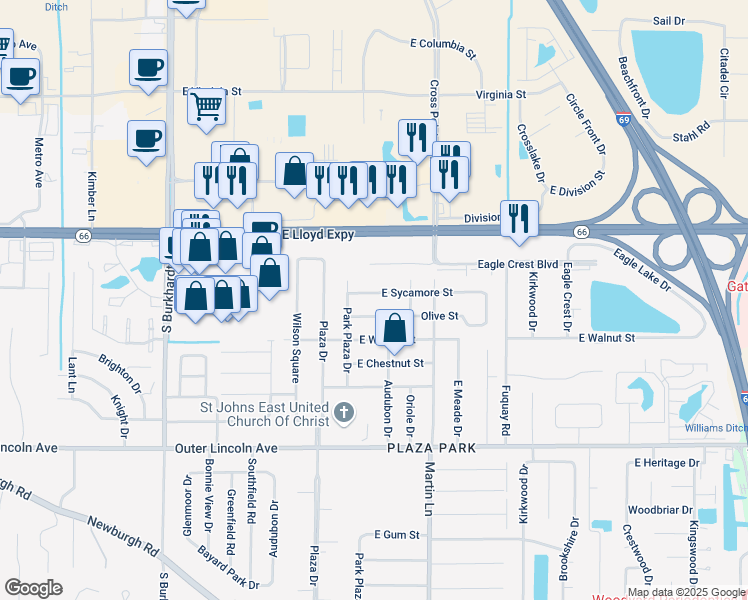 map of restaurants, bars, coffee shops, grocery stores, and more near 7124 Olive Street in Evansville