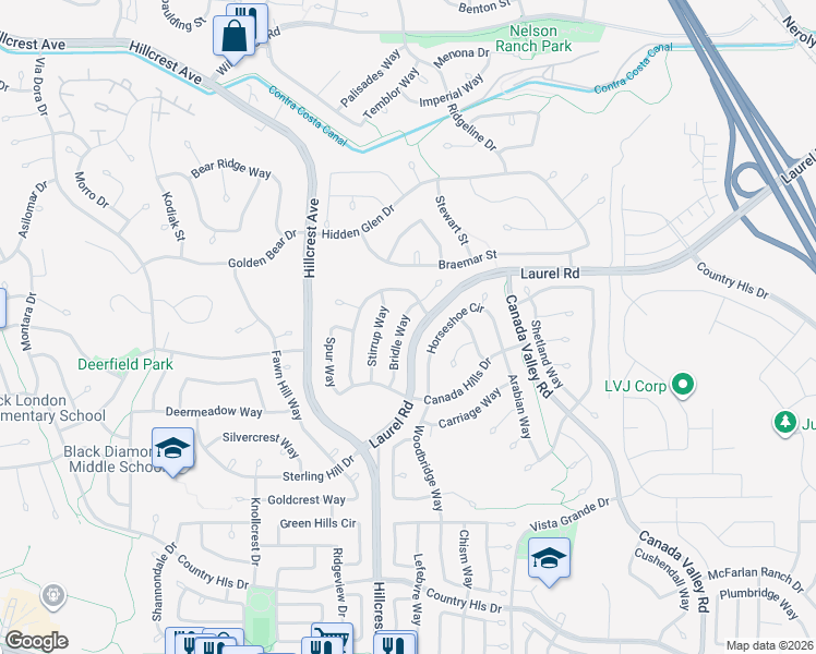 map of restaurants, bars, coffee shops, grocery stores, and more near 4923 Bridle Way in Antioch