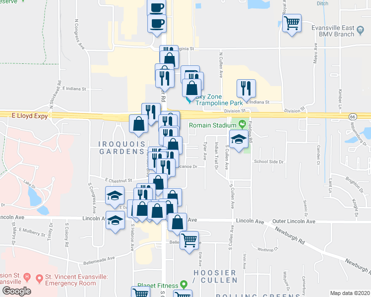map of restaurants, bars, coffee shops, grocery stores, and more near 5099 Sycamore Street in Evansville