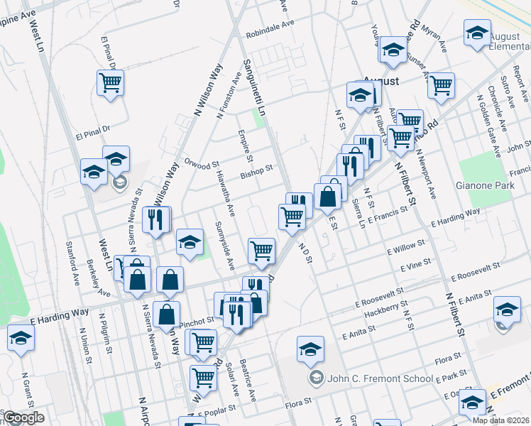 map of restaurants, bars, coffee shops, grocery stores, and more near 1634 East Regal Street in Stockton
