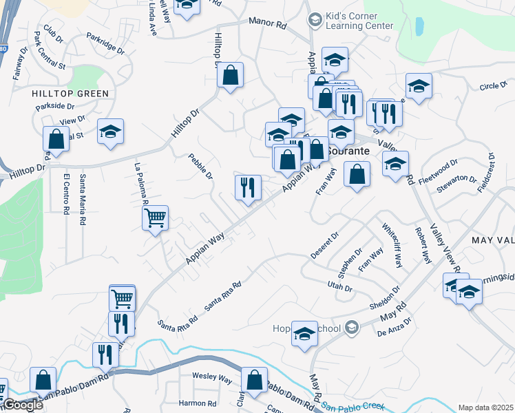 map of restaurants, bars, coffee shops, grocery stores, and more near 4750 Appian Way in El Sobrante
