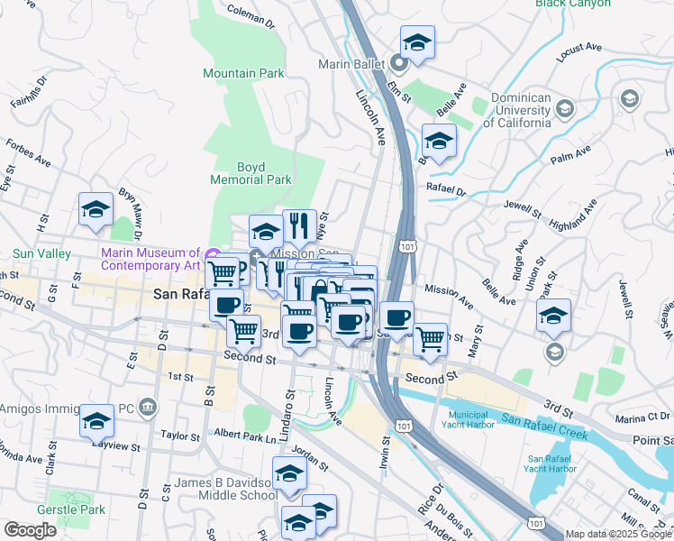 map of restaurants, bars, coffee shops, grocery stores, and more near 820 Fifth Avenue in San Rafael