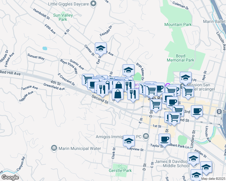map of restaurants, bars, coffee shops, grocery stores, and more near 1709 4th Street in San Rafael