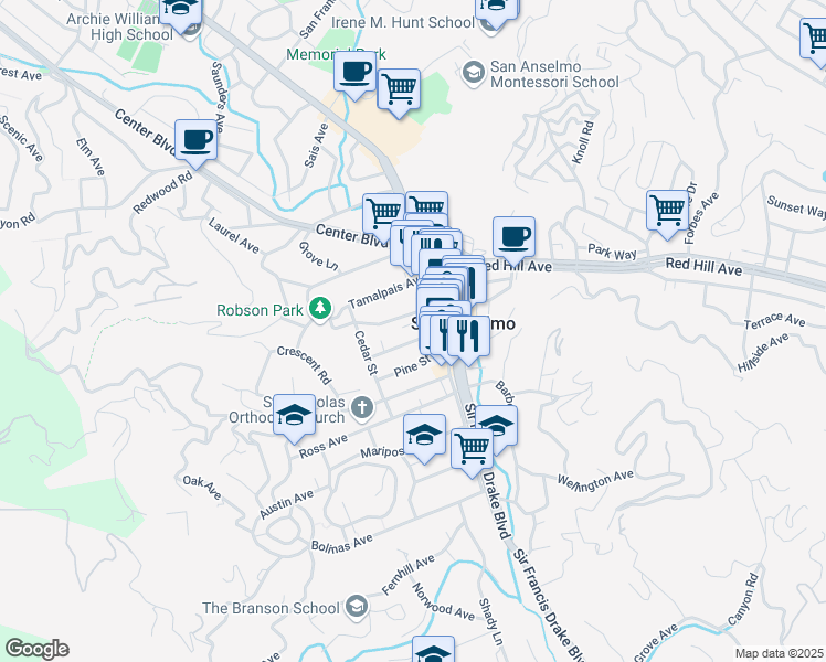 map of restaurants, bars, coffee shops, grocery stores, and more near 145A Tunstead Avenue in San Anselmo