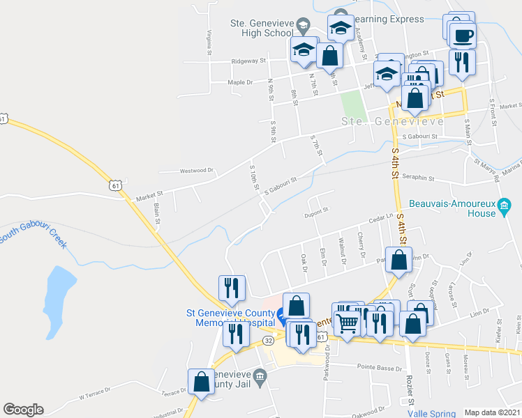 map of restaurants, bars, coffee shops, grocery stores, and more near 1029 South Gabouri Street in Ste. Genevieve