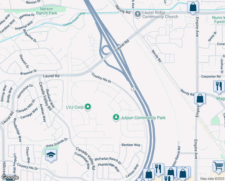 map of restaurants, bars, coffee shops, grocery stores, and more near 5541 Promontory Way in Antioch