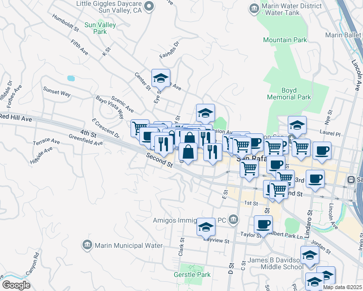 map of restaurants, bars, coffee shops, grocery stores, and more near 1709 4th Street in San Rafael