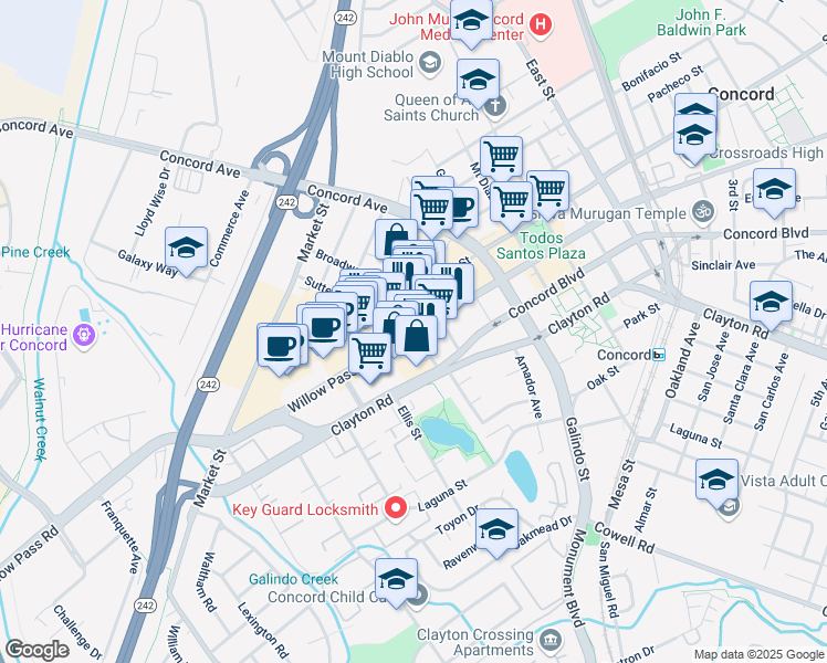 map of restaurants, bars, coffee shops, grocery stores, and more near Willow Pass Rd & Sutter St in Concord