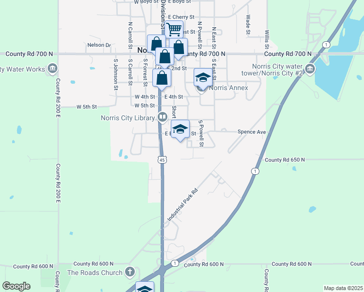 map of restaurants, bars, coffee shops, grocery stores, and more near 205 East Eubanks Street in Norris City