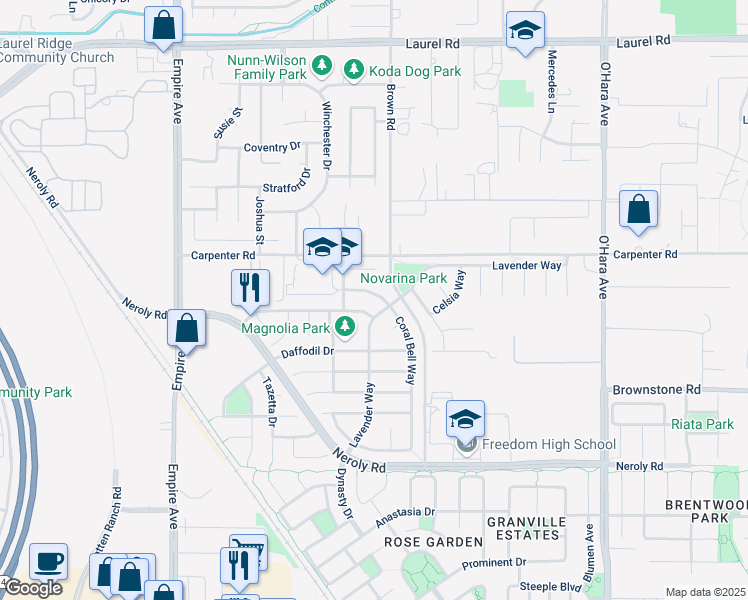map of restaurants, bars, coffee shops, grocery stores, and more near 172 Coral Bell Way in Oakley