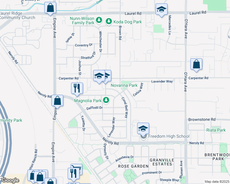 map of restaurants, bars, coffee shops, grocery stores, and more near 172 Coral Bell Way in Oakley