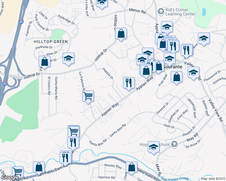 map of restaurants, bars, coffee shops, grocery stores, and more near 493 Pebble Drive in El Sobrante