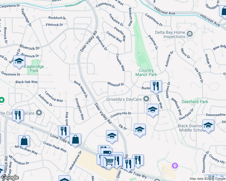 map of restaurants, bars, coffee shops, grocery stores, and more near 2409 Musk Court in Antioch