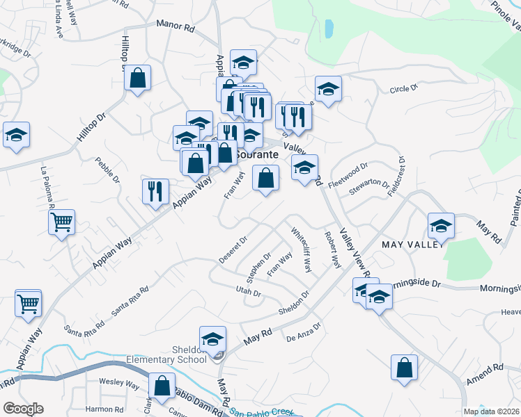 map of restaurants, bars, coffee shops, grocery stores, and more near 4381 Fran Way in Richmond