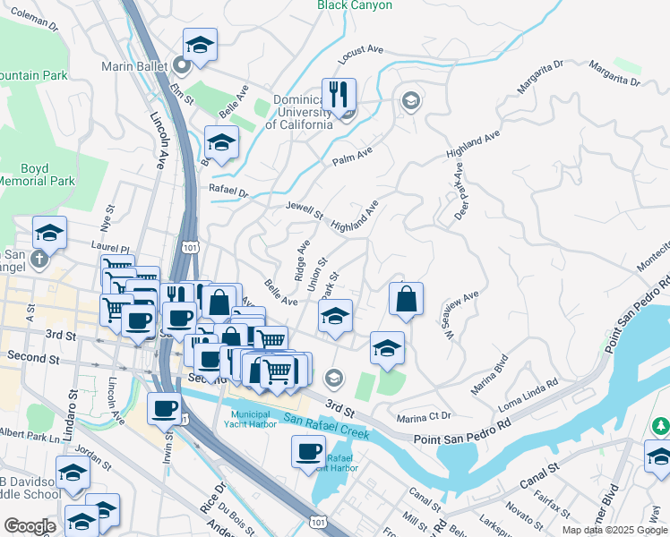 map of restaurants, bars, coffee shops, grocery stores, and more near 123 Park Street in San Rafael