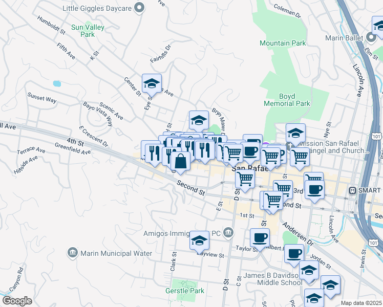 map of restaurants, bars, coffee shops, grocery stores, and more near 1604 4th Street in San Rafael