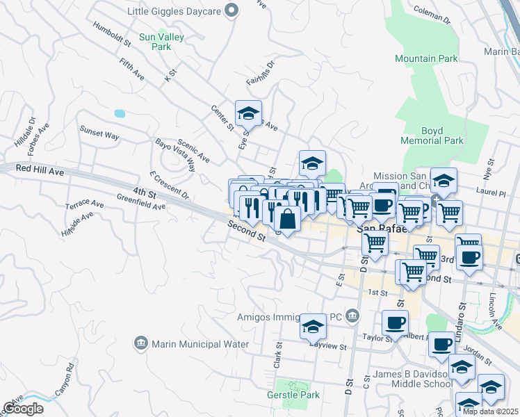map of restaurants, bars, coffee shops, grocery stores, and more near 1709 4th Street in San Rafael
