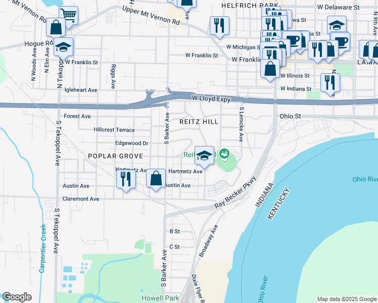 map of restaurants, bars, coffee shops, grocery stores, and more near 2723-2799 Short Marion Avenue in Evansville