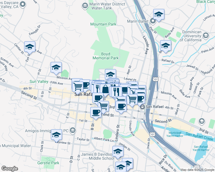 map of restaurants, bars, coffee shops, grocery stores, and more near 1104 Fifth Avenue in San Rafael