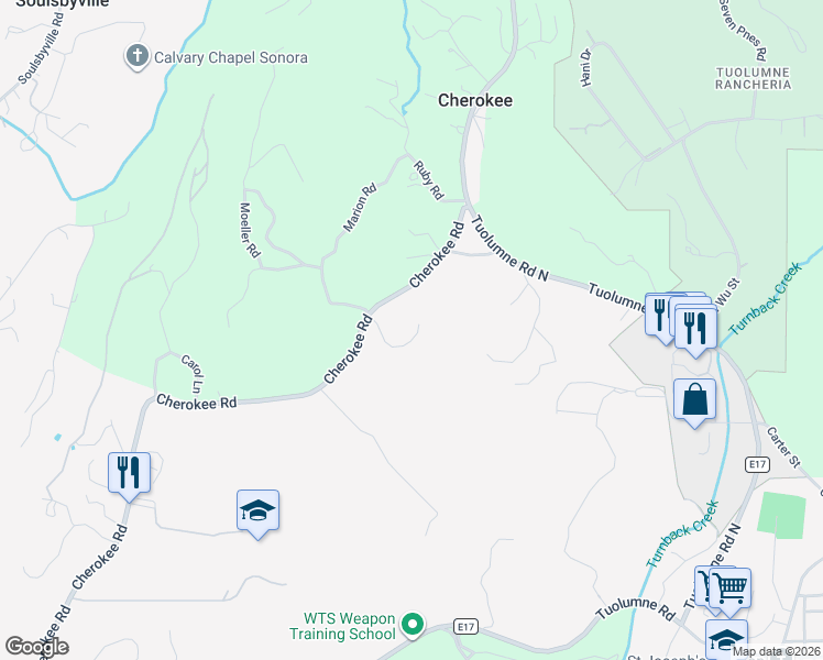 map of restaurants, bars, coffee shops, grocery stores, and more near 19335 Cherokee Road in Tuolumne