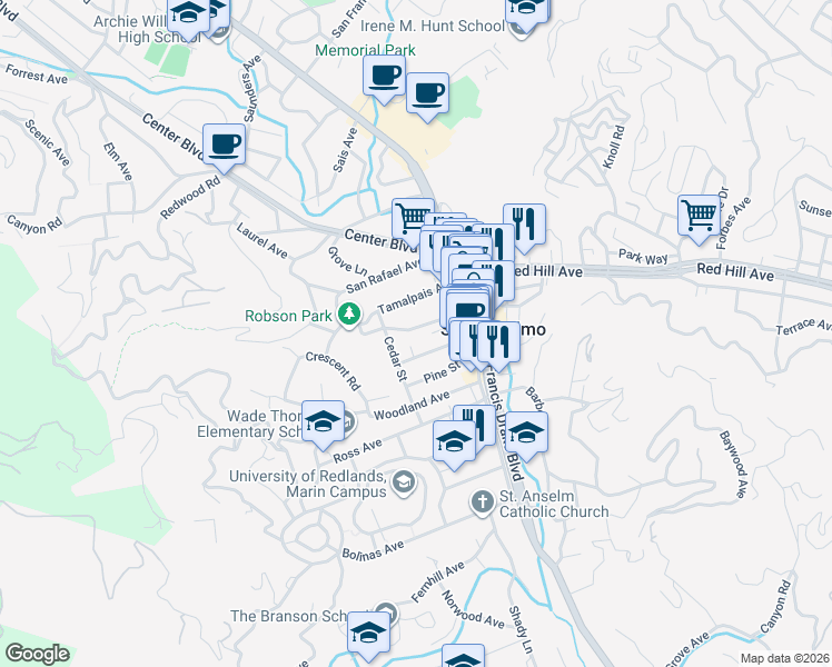 map of restaurants, bars, coffee shops, grocery stores, and more near 47 Magnolia Avenue in San Anselmo
