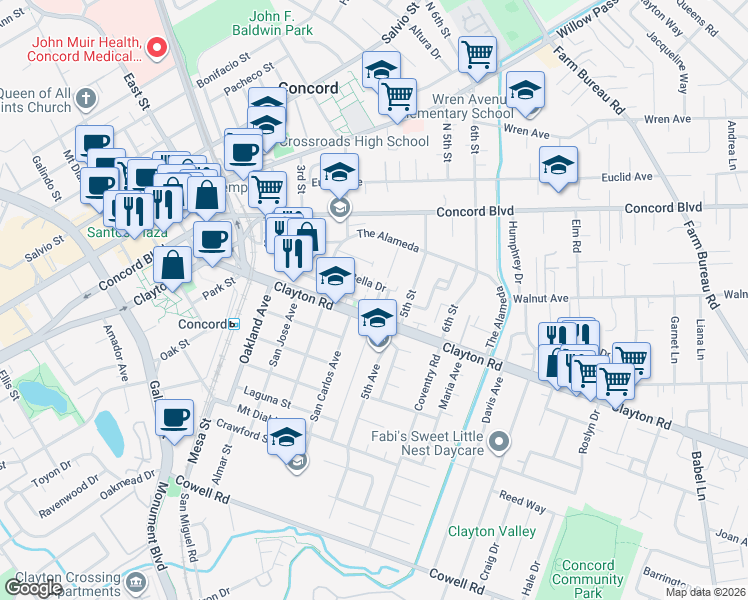map of restaurants, bars, coffee shops, grocery stores, and more near 2941 Kobio Drive in Concord