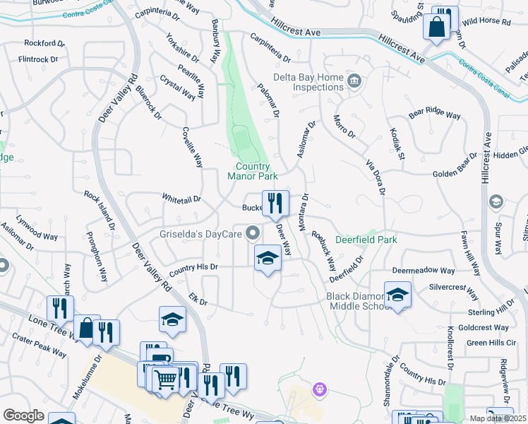 map of restaurants, bars, coffee shops, grocery stores, and more near 4501 Steed Way in Antioch