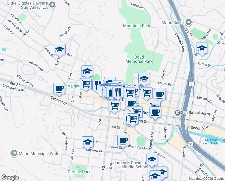 map of restaurants, bars, coffee shops, grocery stores, and more near 1401 Fifth Avenue in San Rafael
