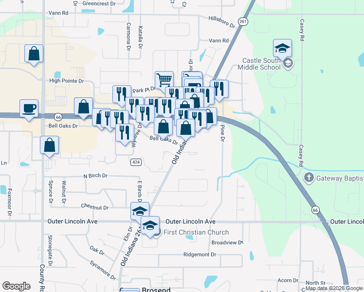 map of restaurants, bars, coffee shops, grocery stores, and more near 4272 Old SR 261 in Newburgh
