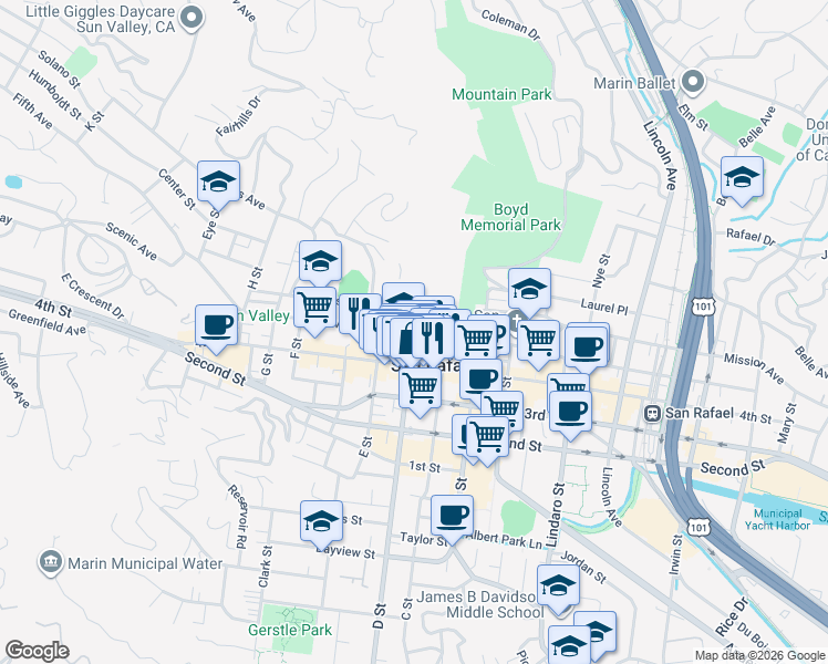 map of restaurants, bars, coffee shops, grocery stores, and more near 1401 Fifth Avenue in San Rafael
