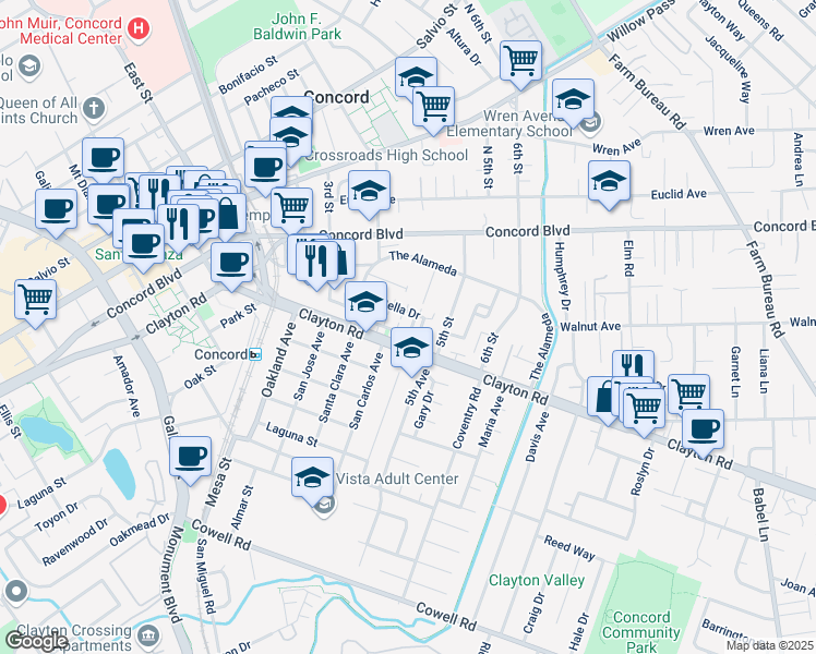 map of restaurants, bars, coffee shops, grocery stores, and more near 2941 Kobio Drive in Concord