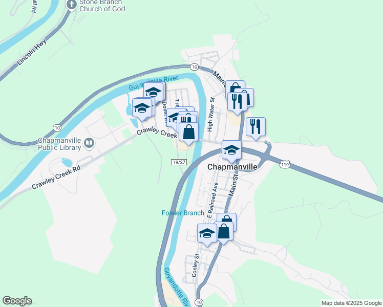 map of restaurants, bars, coffee shops, grocery stores, and more near 110 Shae Ave in Chapmanville