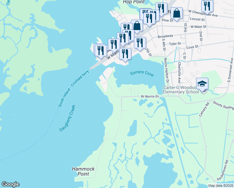 map of restaurants, bars, coffee shops, grocery stores, and more near 1 Hammock Pointe in Crisfield