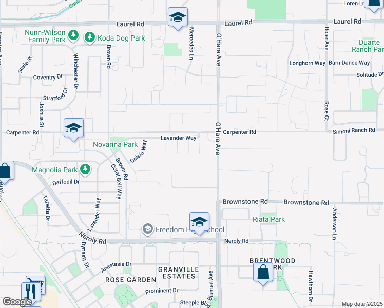 map of restaurants, bars, coffee shops, grocery stores, and more near 21 Foxglove Court in Oakley