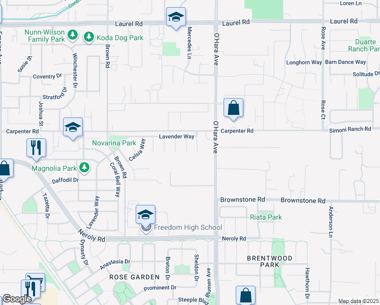 map of restaurants, bars, coffee shops, grocery stores, and more near 21 Foxglove Court in Oakley