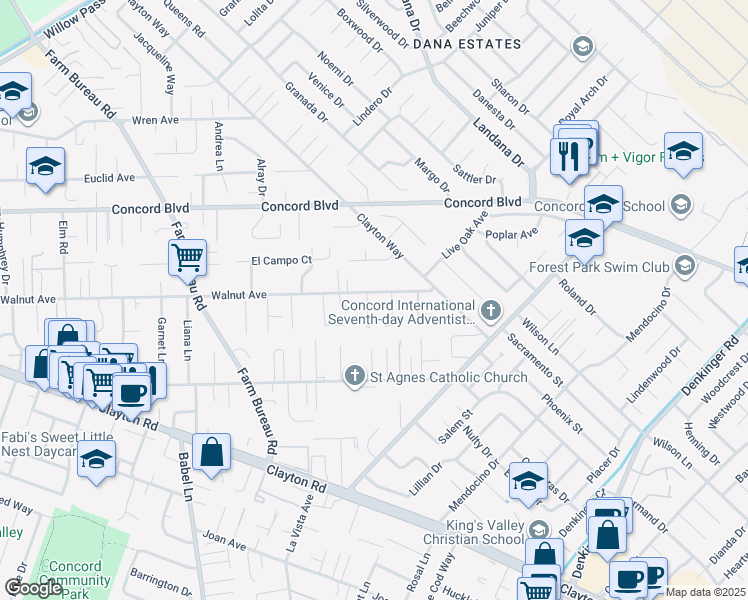 map of restaurants, bars, coffee shops, grocery stores, and more near 3862 Walnut Avenue in Concord