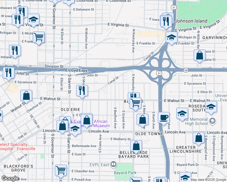 map of restaurants, bars, coffee shops, grocery stores, and more near 315 South Bedford Avenue in Evansville
