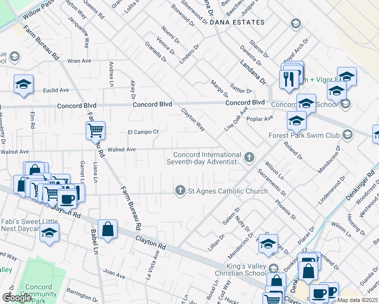 map of restaurants, bars, coffee shops, grocery stores, and more near 3862 Walnut Avenue in Concord