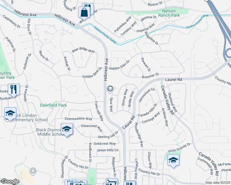map of restaurants, bars, coffee shops, grocery stores, and more near 4968 Kushner Way in Antioch