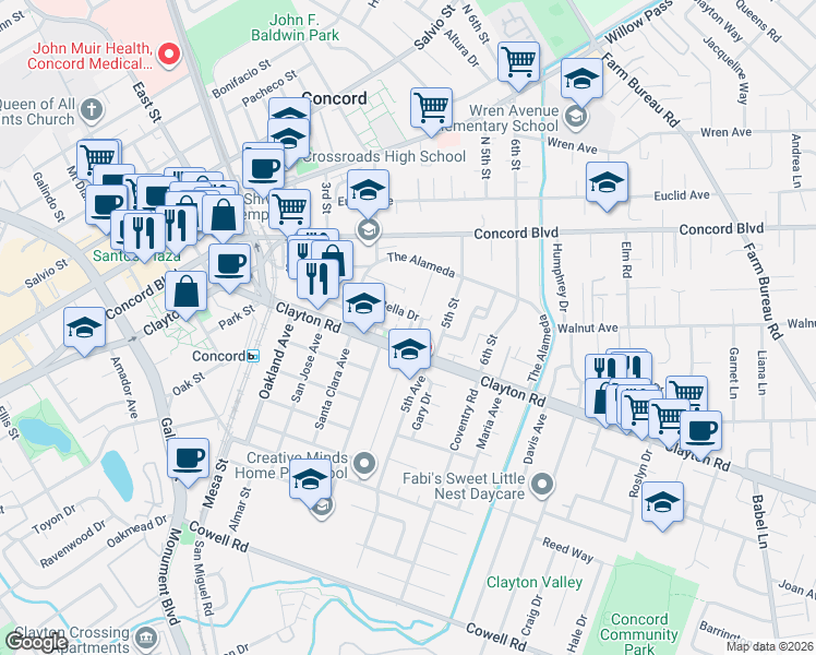 map of restaurants, bars, coffee shops, grocery stores, and more near in Concord