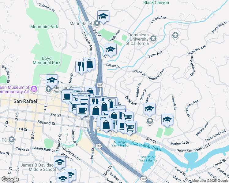 map of restaurants, bars, coffee shops, grocery stores, and more near 1211 Grand Avenue in San Rafael