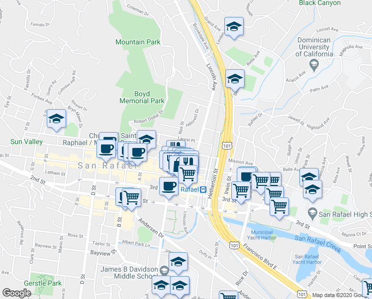 map of restaurants, bars, coffee shops, grocery stores, and more near 820 Fifth Avenue in San Rafael