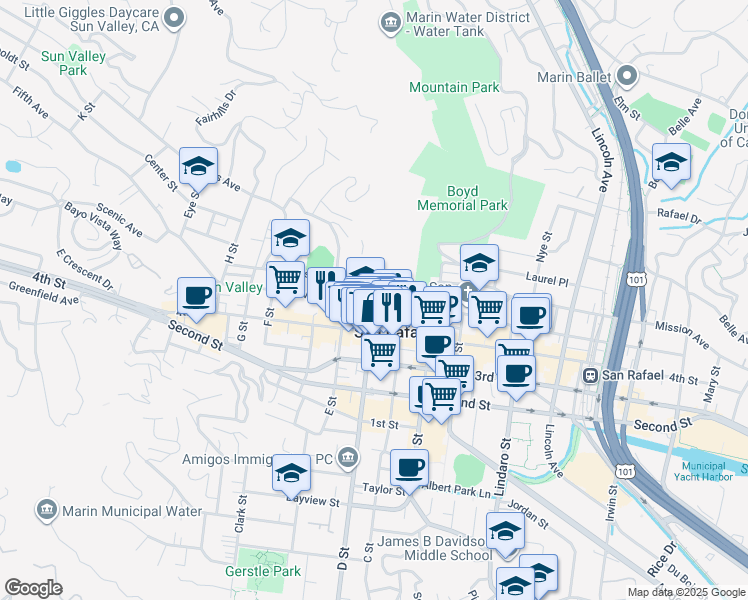 map of restaurants, bars, coffee shops, grocery stores, and more near 1040 D Street in San Rafael