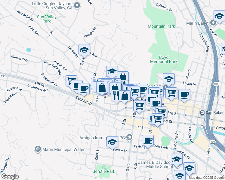 map of restaurants, bars, coffee shops, grocery stores, and more near 1540 4th Street in San Rafael