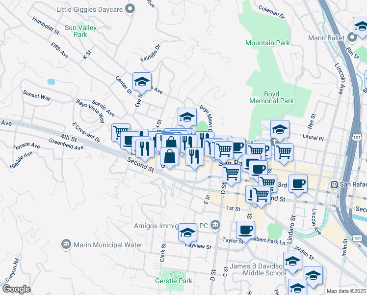 map of restaurants, bars, coffee shops, grocery stores, and more near 1604 4th Street in San Rafael