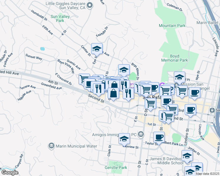map of restaurants, bars, coffee shops, grocery stores, and more near 1709 4th Street in San Rafael