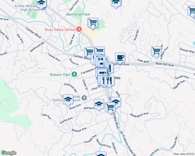 map of restaurants, bars, coffee shops, grocery stores, and more near 145A Tunstead Avenue in San Anselmo