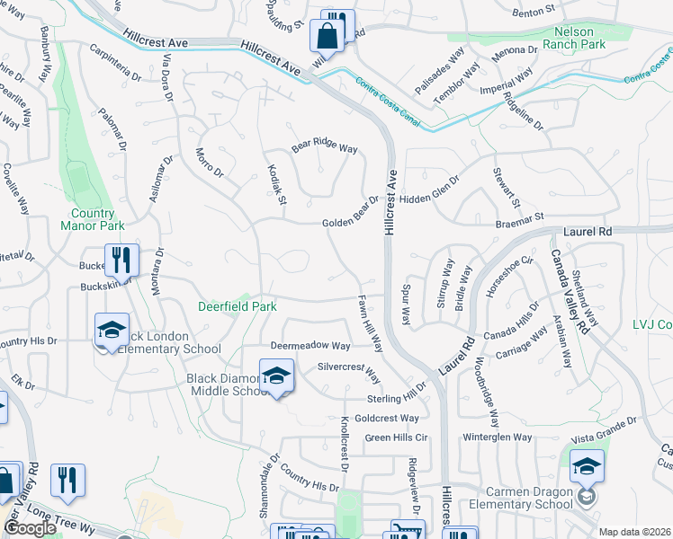 map of restaurants, bars, coffee shops, grocery stores, and more near 4413 Fawn Hill Court in Antioch