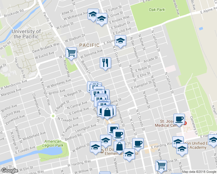 map of restaurants, bars, coffee shops, grocery stores, and more near 36 Ellis Street in Stockton